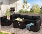 NICESOUL 7 Piece Outdoor Patio Furniture Set with Fire Pit Table Natural Gas/Propane, Tall Wide Deep Sectional Couch Sofa for Outside, 29.3'' High Back Backyard Sitting, Brown Rattan and Black Cushion