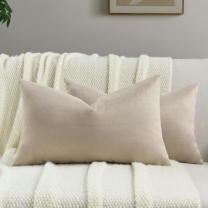 FUTEI Oatmeal Chenille Throw Pillow Covers 12x20 Inch Set of 2,Soft Wide Chevron Textured Lumbar Pillow Cases,Farmhouse Home Decor for Couch Bed Living Room