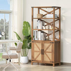 5 Tier Bookshelf 70" Rattan Boho Tall Bookcase with Barn Doors,Large Farmhouse Display Book Shelf with Adjustable Shelves and Storage Cabinet，Wood Bookshelves for Living Room,Kitchen,Natural