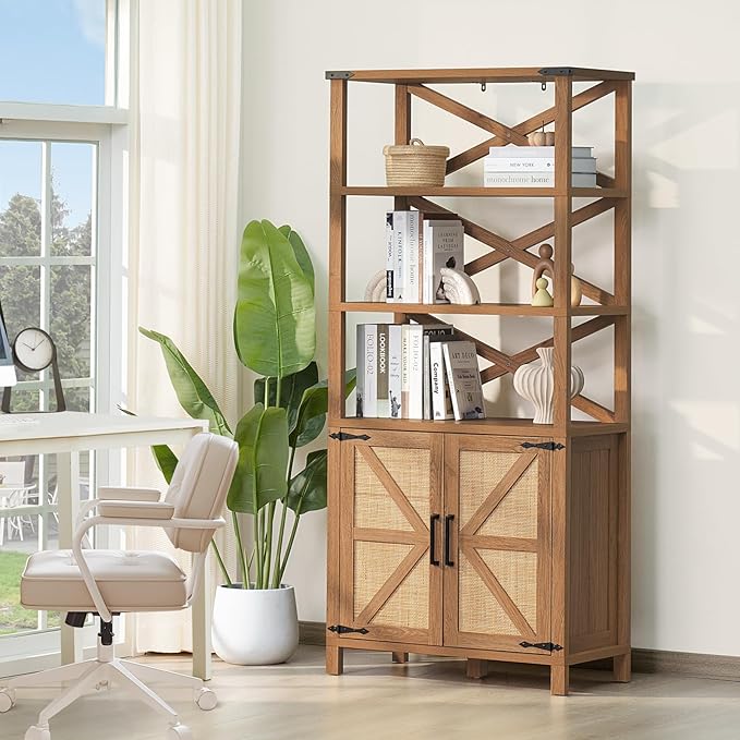 5 Tier Bookshelf 70" Rattan Boho Tall Bookcase with Barn Doors,Farmhouse Display Book Shelf with Adjustable Shelves and Storage Cabinet,Wood Bookshelves for Living Room,Kitchen,Natural (2PCS)