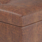 SIMPLIHOME Shay 48 inch Wide Mid Century Modern Rectangular Storage Ottoman in Distressed Saddle Brown Vegan Faux Leather, Assembled, For the Living Room, Entryway and Family Room
