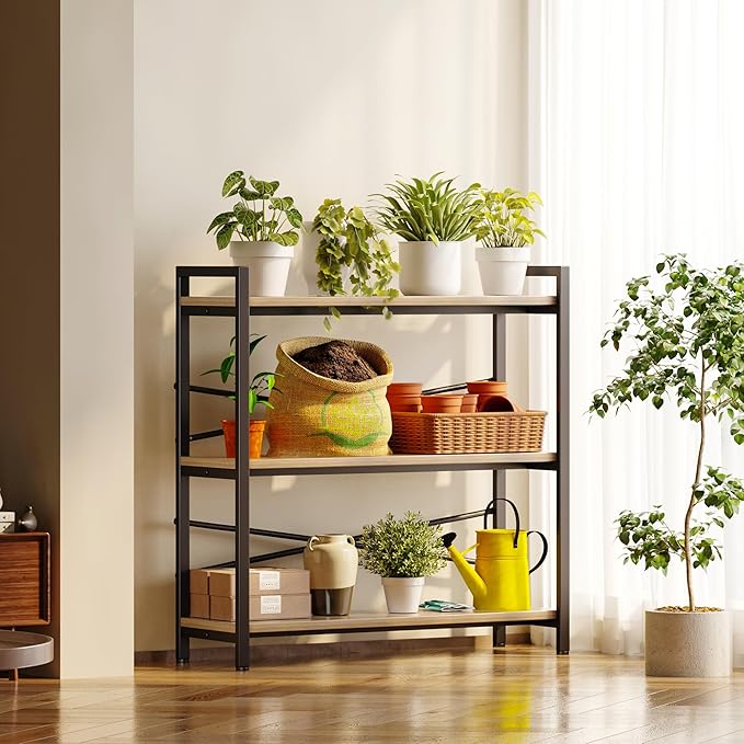 Book Shelf, 3 Tier Bookshelf 31.49" Width, Book Shelf Storage and Organization, Wooden and Metal Industrial Bookcase, Large Book Shelves for Home Living Room Bedroom Office Storage(Light Coffee)