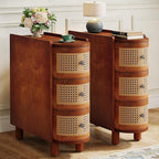 Tribesigns Solid Wood End Table Set of 2, 3-Drawer Rattan Side Table, Night Stand with 3 Rattan Drawers and Exquisite Embossed Handles for Living Room, No Assembly Required (Walnut & Oak)