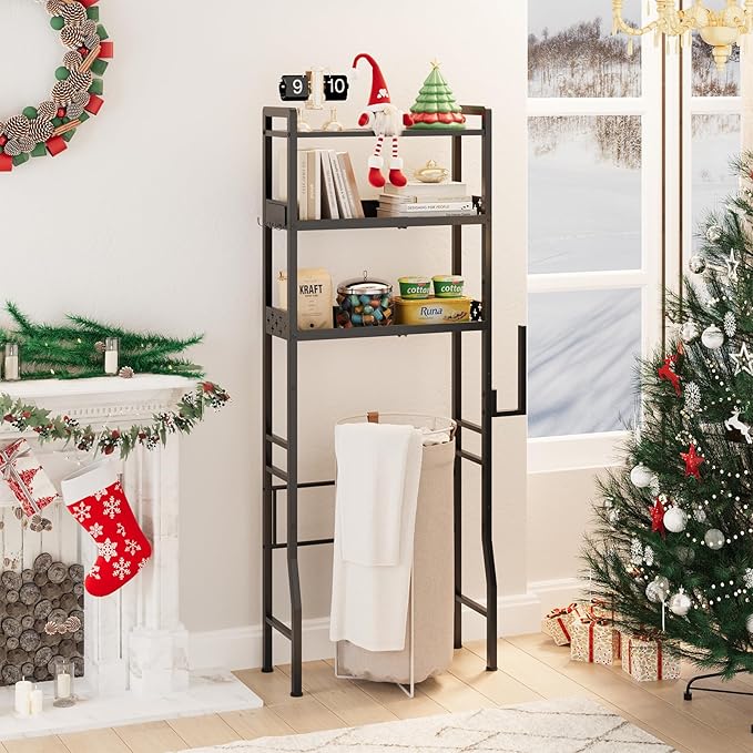Over The Toilet Storage, 3-Tier Metal Over Toilet Bathroom Organizer Shelf with Adjustable Shelf with Toilet Paper Holder & Hooks Black