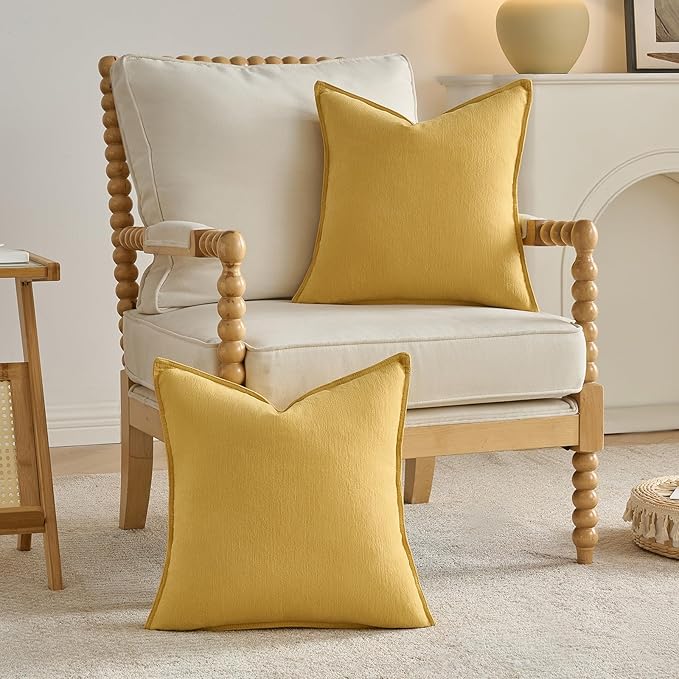 FUTEI Mustard Yellow Chenille Throw Pillow Covers 18x18 Inch Set of 2,Edges Double-Stitched Cushion Cases,Modern Home Decor for Couch Living Room