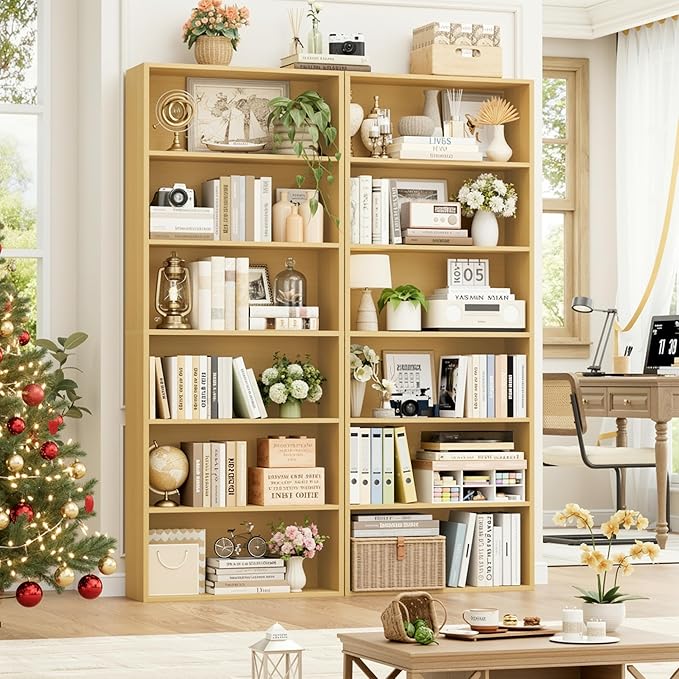 FOTOSOK 70.8" Tall Bookcase Shelf, 6 Tier Wide Bookshelf with Storage, Billy Bookcase Set of 2, Large Bookshelf for Living Room, Home Office, Natural