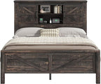 AMERLIFE Farmhouse Full Bed Frame with Storage Headboard & Charging Station, Rustic Wood Platform Bed with Barn Door Bookcase, No Box Spring Needed, Dark Oak Bedroom Furniture