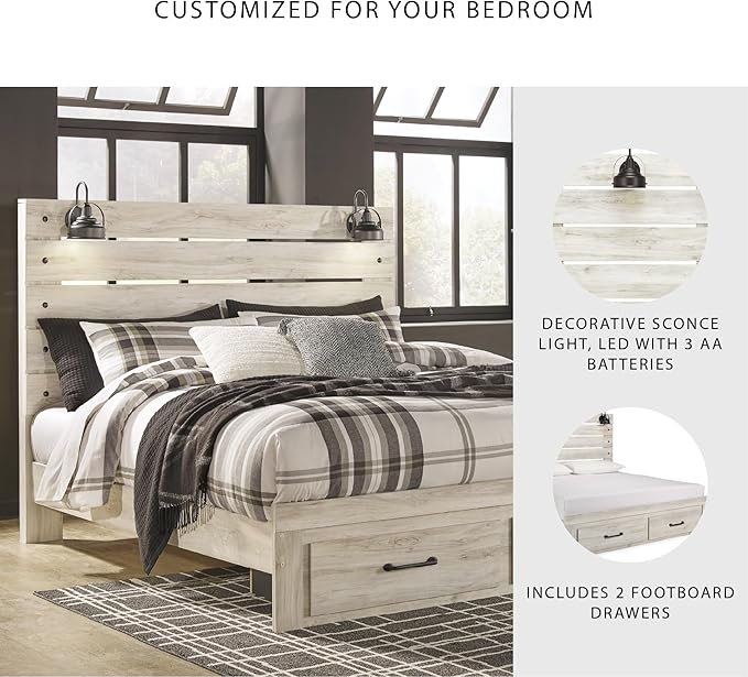 Signature Design by Ashley Cambeck Farmhouse King Panel Bed with 2 Storage Drawers, Sconce Lights and USB Ports, Foundation or Box Spring Needed, Whitewash