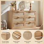 LEYAOYAO Rattan Dresser for Bedroom Set of 2, Boho 48" Wide 6 Drawer Dresser Chest of Drawers, Natural Wood Dressers TV Stand with Metal Handle, Storage Dressers Organizer for Living Room, Hallway