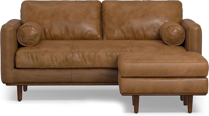 SIMPLIHOME Morrison Mid-Century Modern 72 inch Wide Sofa with Ottoman Set in Caramel Brown Genuine Leather for the Living Room and Family Room