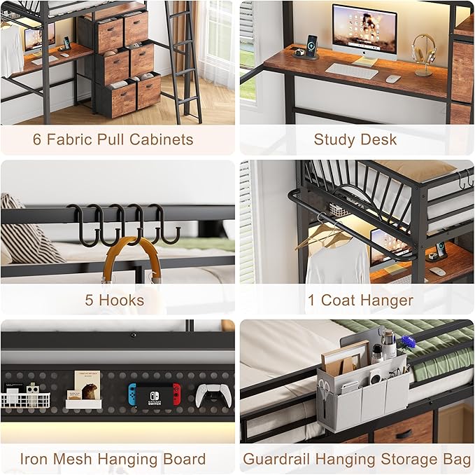 Twin Metal Loft Bed with Desk, 6 Storage Cabinet, LED Light Bunk Bed Frame Twin Size with Charging Station, No Box Spring Needed, Extra Wide Stair Treads&Safety Ladder, Hanging Rod&Guardrail
