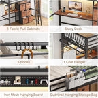 Twin Metal Loft Bed with Desk, 6 Storage Cabinet, LED Light Bunk Bed Frame Twin Size with Charging Station, No Box Spring Needed, Extra Wide Stair Treads&Safety Ladder, Hanging Rod&Guardrail