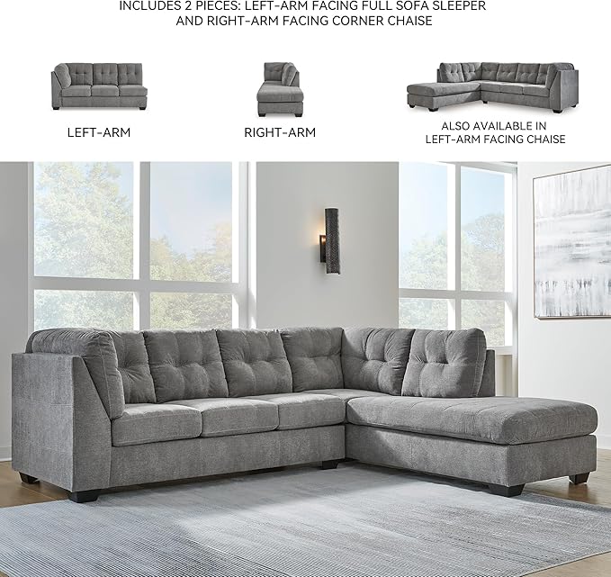 Signature Design by Ashley Marleton Contemporary Right-Arm Facing Tufted 2-Piece Sleeper Sectional with Chaise, Loose Seat Cushions and Bi-Fold Memory Foam Mattress, Full, Light Gray