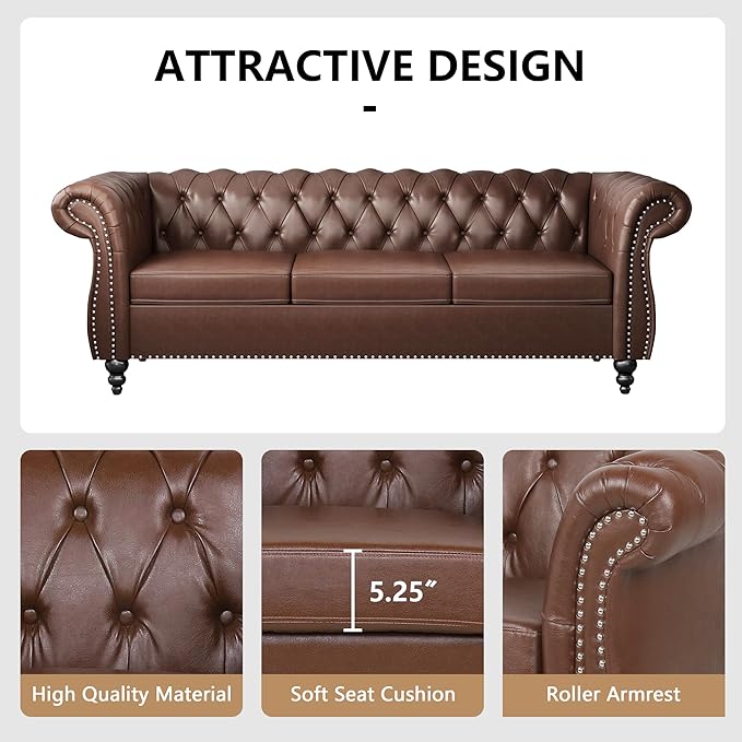 Home Sofa Living Room Furniture, 3 Seater Leather Upholstered Sofa Couch, Modern Comfy Couch with Faux Leather Cushions, Mid Century Tufted Chesterfield Sofas for Bedroom, Office, Apartment (Brown)