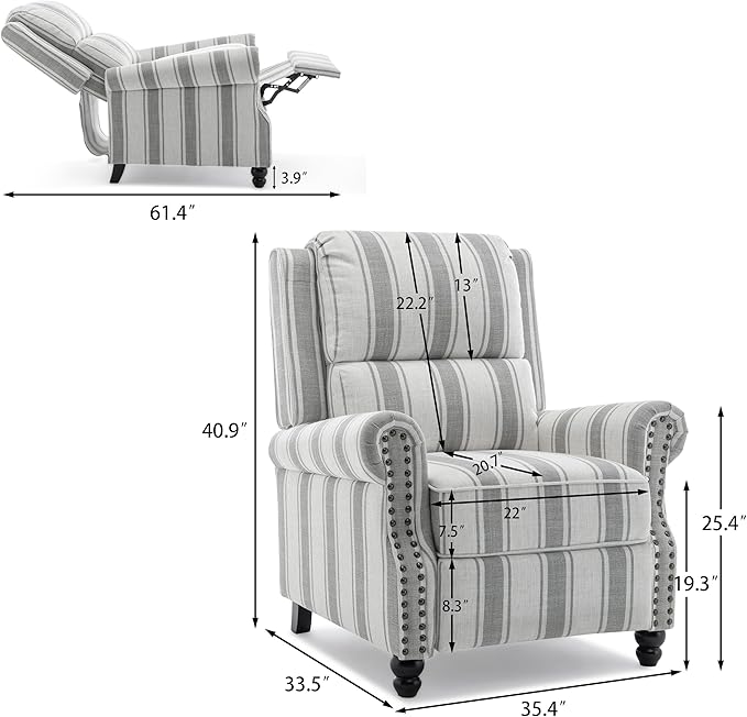 Pushback Recliner Chair, Comfy Fabric Wingback Recliner Chair, Upholstered Armchair Push Back Recliner with Wood Legs, Rivet Trim Single Sofa Accent Chair for Living Room, Bedroom, Gray Stripe