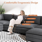 Vesgantti 143" L Shaped Modular Sectional Couch, Comfy Corduroy Upholstered Cloud Couches for Living Room, Modern 3 Seater Sofa with Movable Ottoman & Throw Pillows, Charcoal Grey