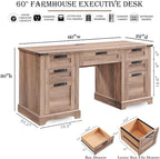 RedLemon 60" Farmhouse Executive Desk, Home Office Desk with Drawers, Charging Station, Keyboard Tray, File Drawer, Storage Cabinet, Wood Rustic Computer Writing Desk (Natural Oak)