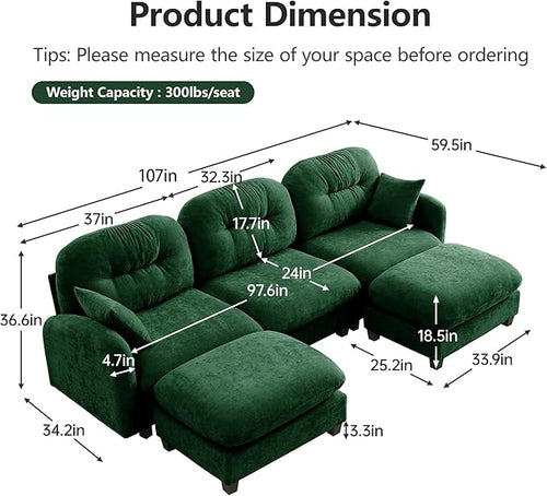 107" U Shaped Couch for Living Room, Comfy Chenille Fabric Cloud Sectional Couch, Modern Upholstered Deep Seat Sofa with Pillow and 2 Movable Ottoman, Oversized 3 Seater Sectional Sofa, Green