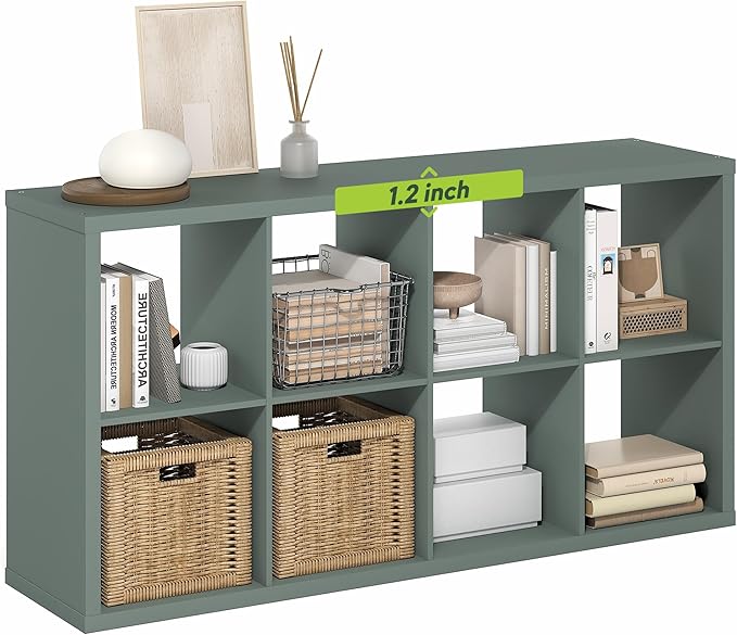 Furinno Cubicle Book Shelf, 8-Cube Thick Frame Bookshelf, Horizontally & Vertically Reversible Bookcase with Open Back, 14.6" x 30" x 57.9", for Living Room, Bedroom, Home Office, Sage Green