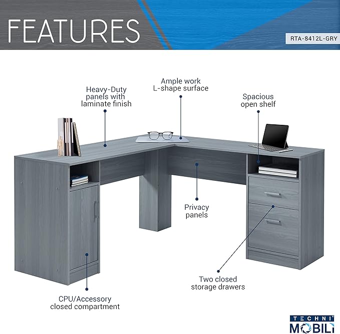 Techni Mobili Functional L-Shaped Computer Desk with storage, L is ⁠59.5" wide x 59.5" Long, Grey