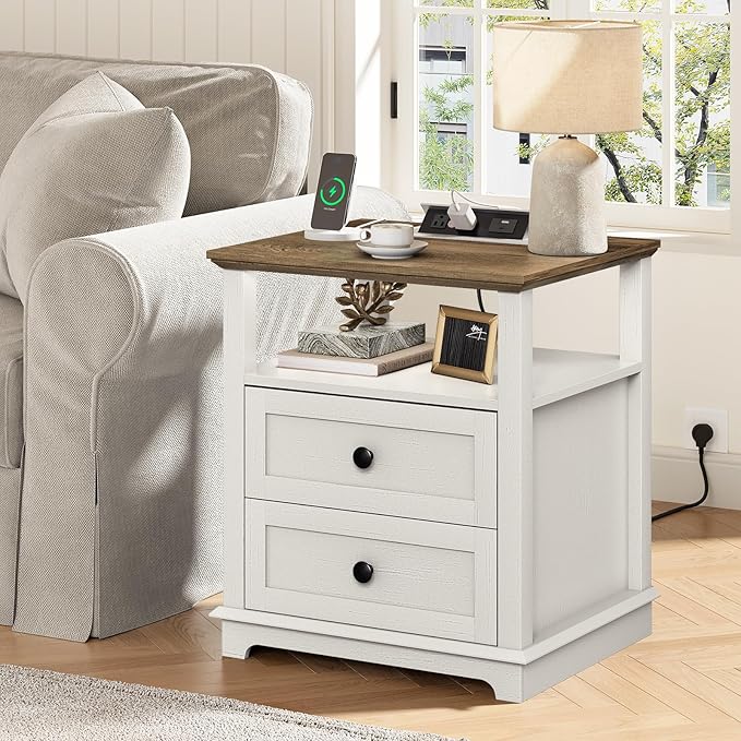 HIFYOBRO Large End Table Set of 2, Flip Top Charging Station and 2 Drawers, Type-C & USB Port & Power outlets, Wooden Storage Cabinet, Side Table with Storage for Living Room and Bedroom (White)