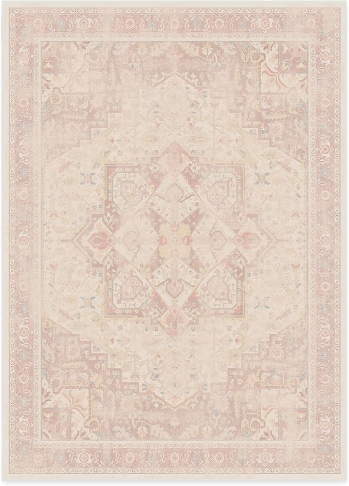 RUGGABLE Washable Area Rug – Kamran Soft Pink 10x14, Stain-Resistant, Non-Slip – Large Machine Washable Rugs for Living Room, Bedroom, Hallway, Entryway & Office–with Standard Pad