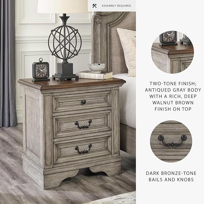 Signature Design by Ashley Lodenbay Casual 3 Drawer Night Stand with USB Charging Ports, Antique Gray