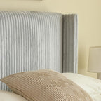 PINJU Queen Size Bed Frame, Upholstered Platform Bed with Modern Vertical Striped Wingback Headboard with Wooden Slats, Easy to Assemble No Noise Free (Grey, Queen (U.S. Standard))