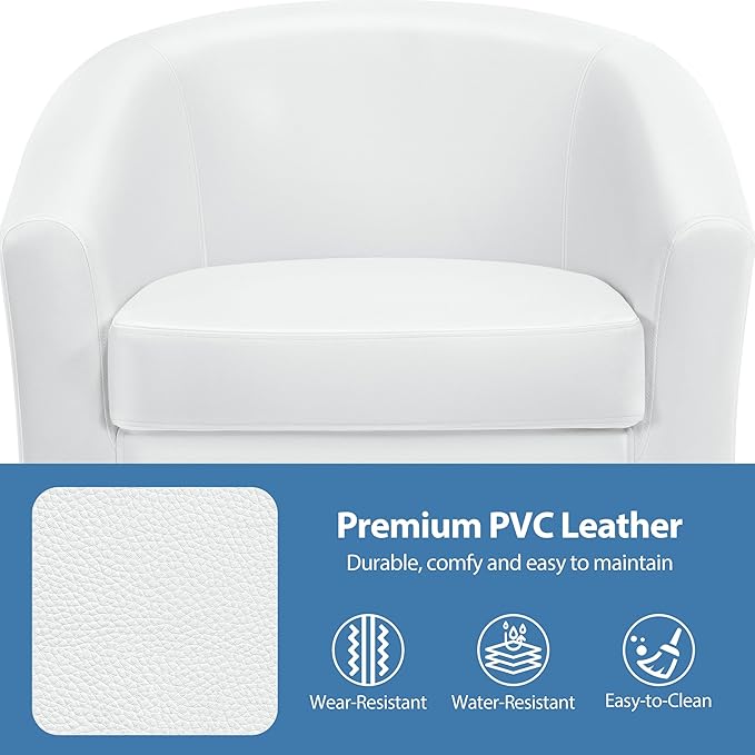 Yaheetech White Leather Chair, Faux Leather Accent Chair, Modern Barrel Chair Comfy Club Chair with Soft Padded and Solid Legs for Living Room Bedroom Reception Room, White
