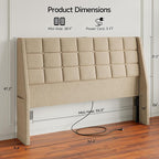 Queen Size Headboard with Charging Station, Ergonomic Upholstered Linen Headboards Only, Wingback Wood Bed Head Board with Storage Pocket, Bed Frame Adapters, Beige
