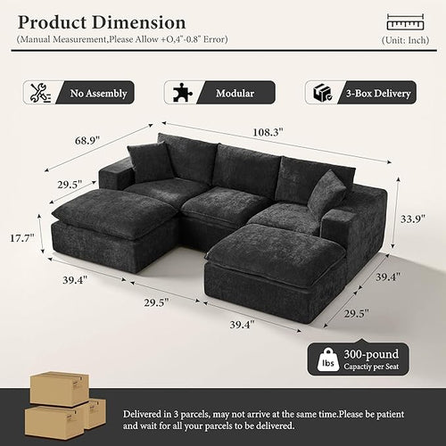 108" Sectional Couches for Living Room Boneless Couch Upholstered Cloud Couch Sectional Modular Sectional Sofa with L Shaped (Chenille-Black, 3 Seat+2 Ottoman)