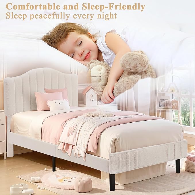VECELO Twin Bed Frame Upholstered Platform Bed Frame with Height Adjustable Teddy Fabric Headboard, Strong Wood Slats Supports 7.9'' Under Bed Space Noise Free No Box Spring Needed, Beige