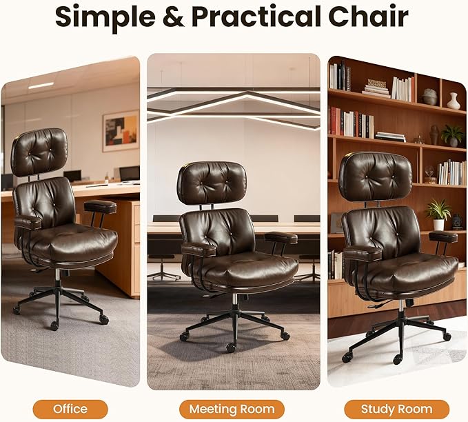 Home Office Desk Chair, Mid-Century Modern Office Chair with Adjustable Lumbar Support, Thickened Cushion Executive Desk Chair with 360 Rolling Swivel for Meeting Game Study Room(Coffee)