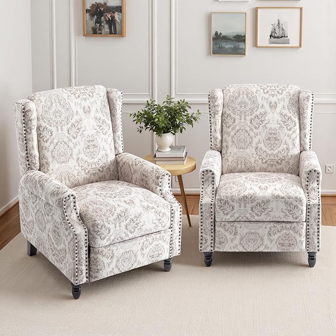 Wingback Recliner Chair Set of 2, Floral Fabric Pushback Recliner Chair, Upholstered Armchair Push Back Recliner, Rivet Trim Single Sofa Accent Chair with Wood Legs for Living Room, Beige