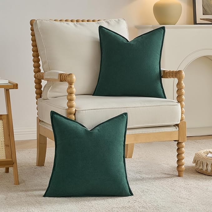 FUTEI Christmas Dark Green Chenille Throw Pillow Covers 22x22 Inch Set of 2,Edges Double-Stitched Cushion Cases,Modern Home Decor for Couch Living Room