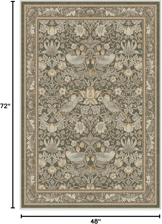 RUGGABLE x Morris & Co Washable Area Rug–Strawberry Thief Stone Gold 4x6, Stain-Resistant, Non-Slip–Medium Machine Washable Rugs for Living Room, Bedroom, Hallway, Entryway & Office–with Standard Pad