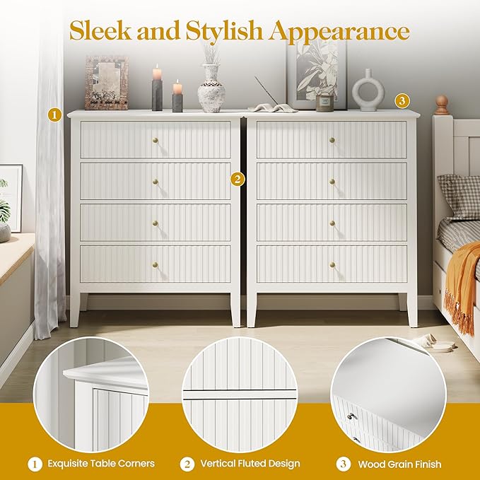 White Fluted 4 Drawer Dresser Set of 2 for Bedroom, Modern Chest of Drawers, Wood Dresser for Storage Clothes, Wooden Storage Cabinet Nightstand for Bedroom, Hallway, Living Room, Entryway