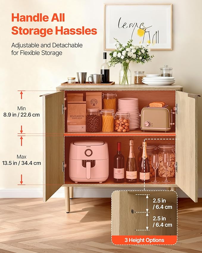 VEVOR Fluted Cabinet, Buffet Cabinet with 2-Tier Storage, Coffee Bar Cabinet with Adjustable Shelves, Sideboard Buffet for Hallway, Entryway, Living Room, or Kitchen, Oak