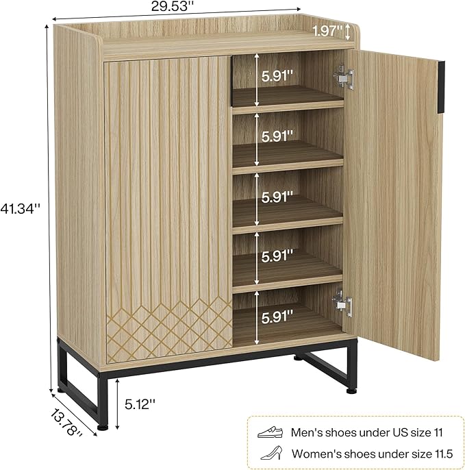 Tribesigns Shoe Cabinet with Doors,Natural 5 Tiers Shoe Storage Cabinet for Entryway, 25 Pairs Wooden Shoe Rack Cabinet, Modern Shoe Organizer Storage for Living Room, Bedroom, Hallway, Closet