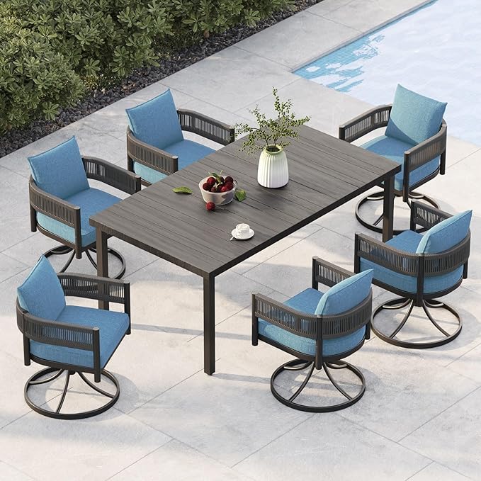 Grand patio Outdoor Dining Set for 6, 7 PCS Patio Table and Chairs Set, Metal Woven Wicker Swivel Patio Chairs with Thickened Cushions & 1 Rectangular Woodgrain Dining Table with Umbrella Hole (Brown)