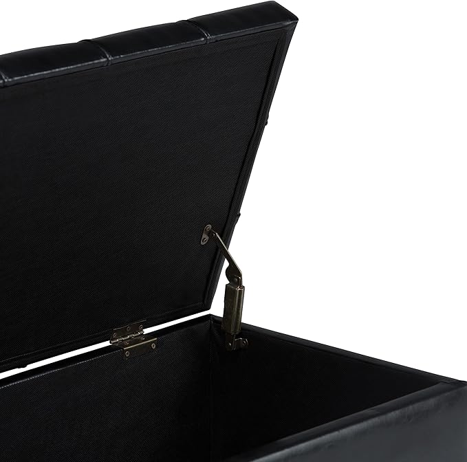 SIMPLIHOME Sienna 33 inch Wide Transitional Rectangle Storage Ottoman Bench in Midnight Black Vegan Faux Leather, Assembled, For the Living Room, Entryway and Family Room