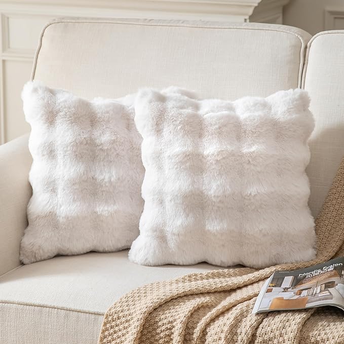 Pack of 2 Thick Plush Throw Pillow Covers Fluffy Wave Faux Fur Decorative Cushion Covers Soft Wool Pillowcase for Sofa Couch Livingroom 18x18 Inch White