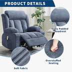 Rocker Recliner Chair with Heat and Massage, 360° Swivel Oversized Recliner for Adults, Single Sofa Seat with 3 Positions, 2 Side Pockets, Cup Holders, and USB Ports, Lazy Boy Recliner (Large, Blue)