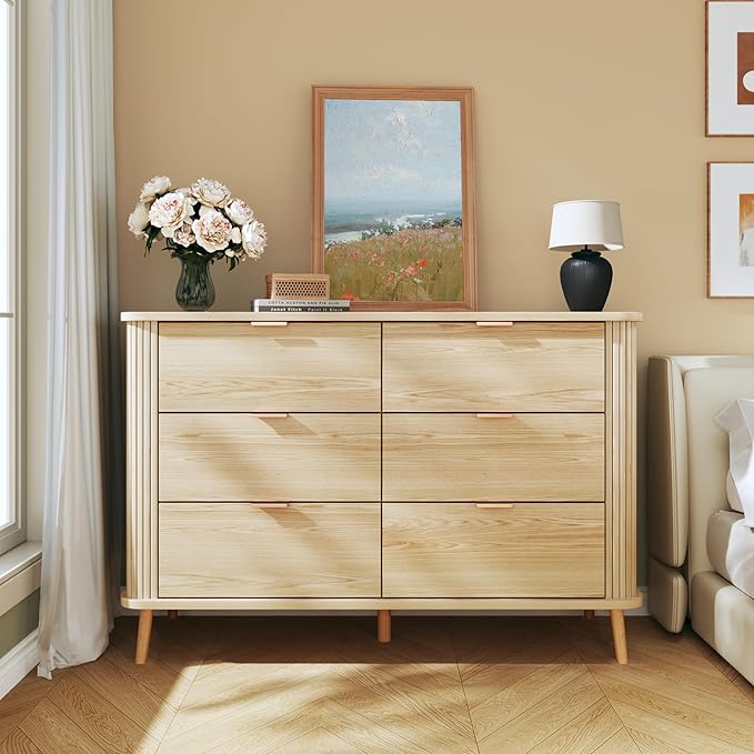 6 Drawers Dresser, Mid Century Modern Dresser for Bedroom, Curved Profile & Fluted Design, Wide Wood Chests of Drawers Storage for Entryway, Hallway, Oak