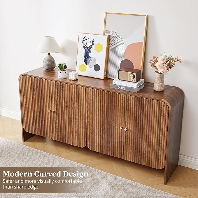Fluted Sideboard Buffet Cabinet with Storage, 59'' Curved Buffet Cabinet with 4 Doors & Shleves, Modern Credenza Wood Coffee Bar Table Console for Dining Room Kitchen Living Room Entryway, Walnut