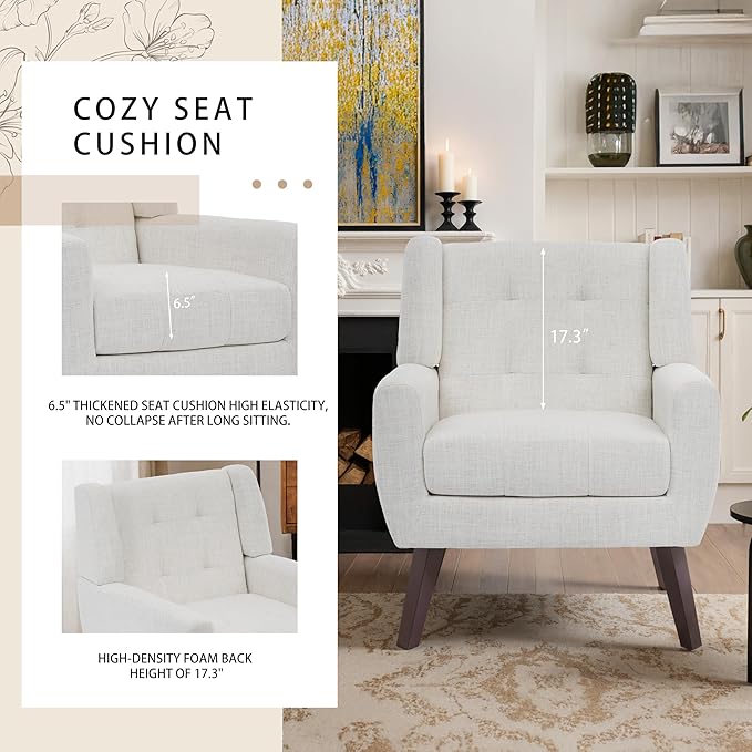 Accent Chairs Set of 4, Mid-Century Modern Upholstered Armchair, Comfy Fabric Living Room Chairs Reading Chairs with Button Tufted Back & Solid Wood Legs for Bedroom, Office, Beige