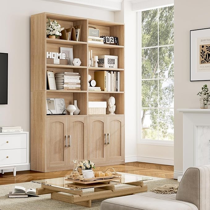 FACBOTALL Bookshelf and Bookcase with Doors, 6 Tier Double Wide Large Bookshelves, Open Display Shelves, 73'' Tall Bookshelf with Storage Cabinets for Home Office, Living Room, Library, Oak