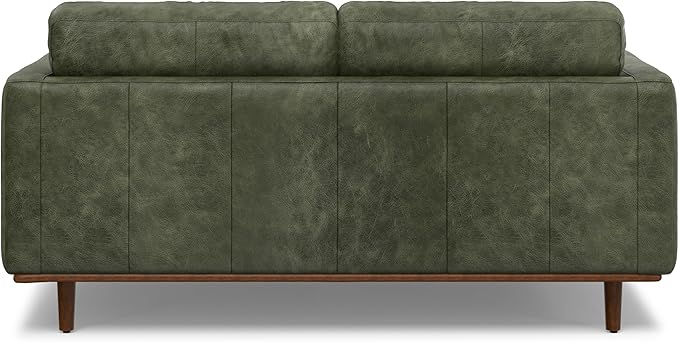 SIMPLIHOME Morrison 72-inch Wide Sofa in Moss Green Genuine Leather, Mid-Century Modern-Style Loveseat for Living Room, Single Bench Cushion, Removable Back Cushions, 2 Bolster Pillows