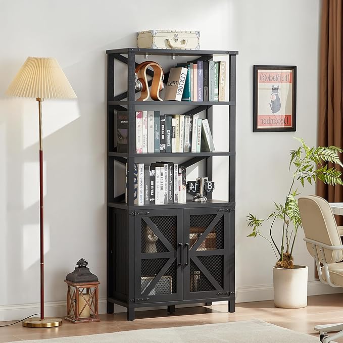 5 Tier Bookshelf 70" Tall Bookcase with Barn Doors,Large Farmhouse Display Book Shelf with Adjustable Shelves and Storage Cabinet，Library Wood Bookshelves for Living Room,Kitchen,Black(3PCS)