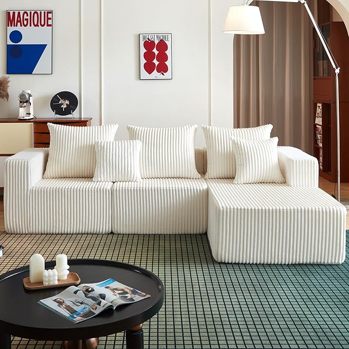 Cloud Couch Sectional, 101 Inch Modular Sectional Sofa with Deep Seat, Compressed Memory Foam Sofa in a Box, Beige Corduroy Boneless Couches for Living Room, No Assembly Required